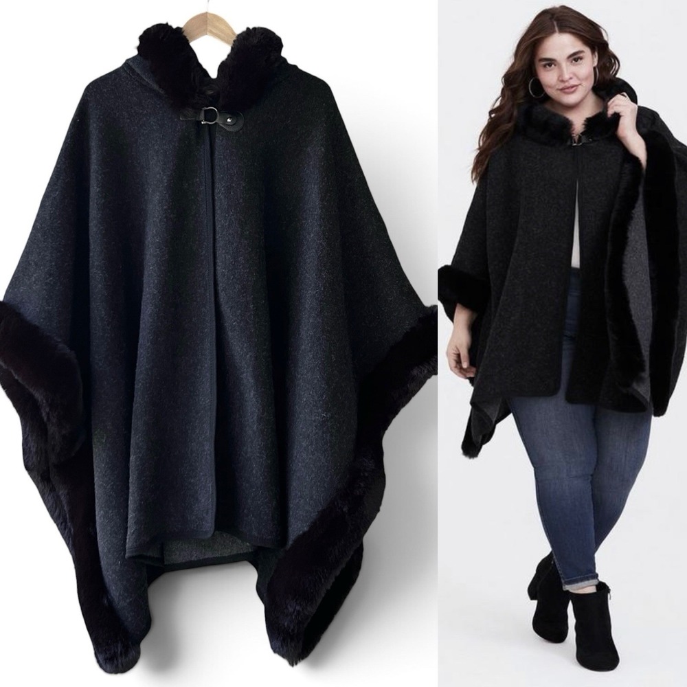 Torrid Women One Size Gray Black Hooded Faux Fur Poncho Cape Cardigan Jacket NEW